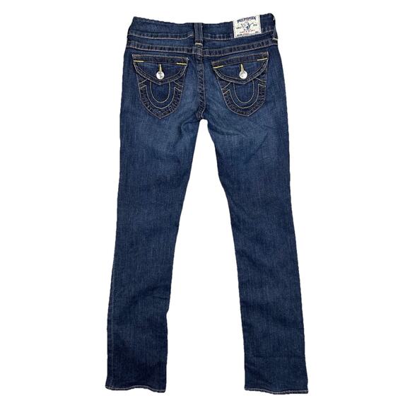 True Religion Jeans Womens 28 Straight Leg Dark Wash USA Yellow Stitch Flap Pkt - Picture 3 of 12